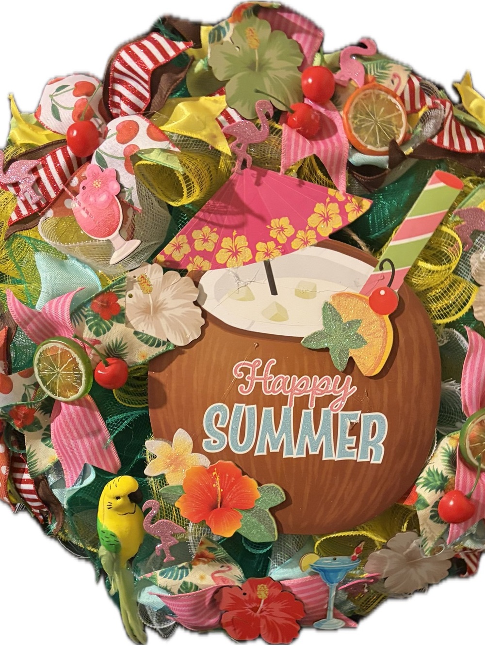 Happy Summer Tropical Wreath with Pink, Green and Yellow Accents